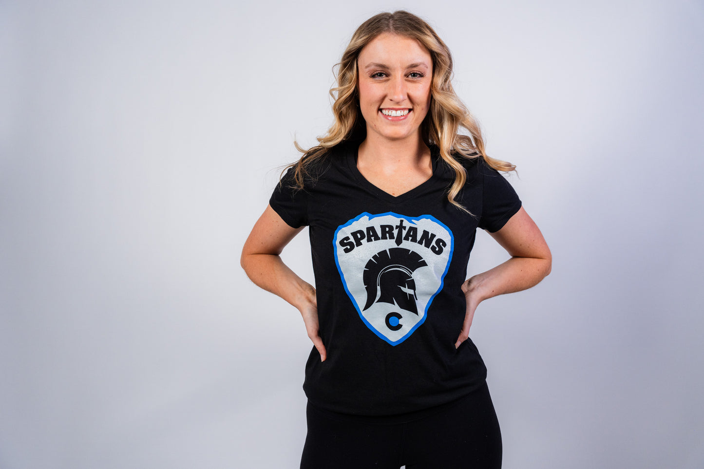 Spartans Shield LADIES V-Neck Short Sleeve black T-shirt, soft cotton/poly blend (DM1190L)