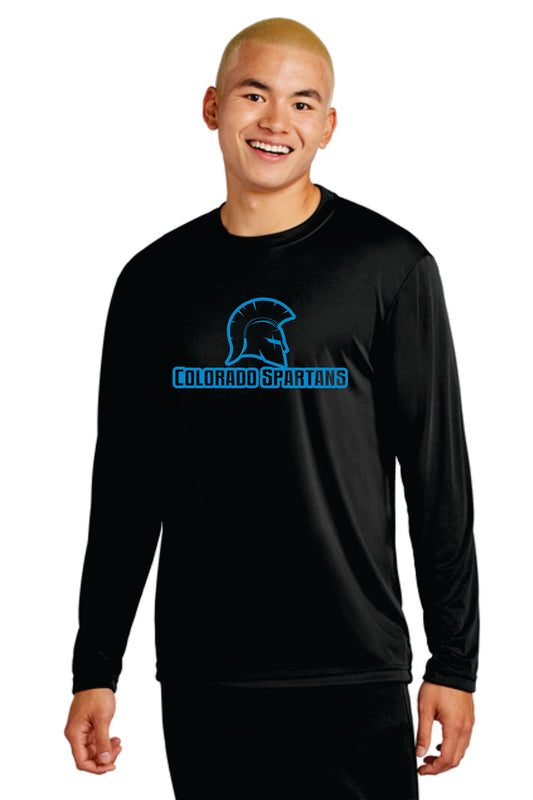 Spartans Blue on Black Logo Long Sleeve Black 100% Performance Polyester T-shirt (ST350LS)