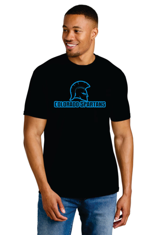 Spartans Blue on Black Logo Short Sleeve black T-shirt, soft cotton/poly blend (67000/B)