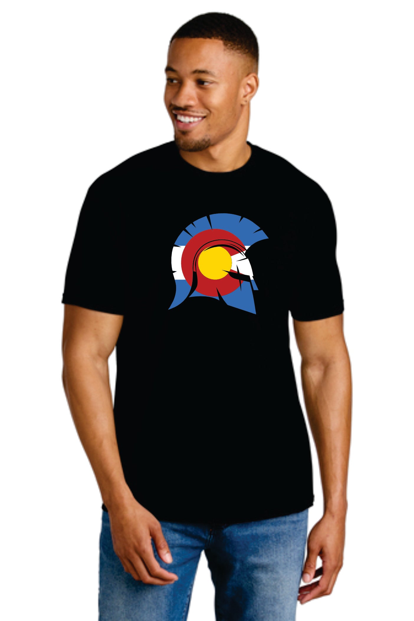Spartan Head in Colorado Flag Logo Short Sleeve black T-shirt, soft cotton/poly blend (67000/B)