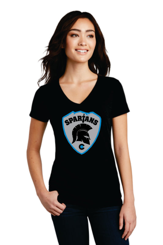 Spartans Shield LADIES V-Neck Short Sleeve black T-shirt, soft cotton/poly blend (DM1190L)