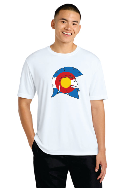 Spartan Head in Colorado Flag Logo Short Sleeve WHITE T-shirt, 100% polyester (ST350)
